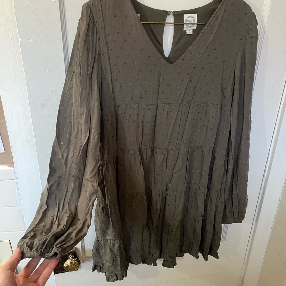 Blue Rain Olive Green Long Sleeve Swiss Dot Tiered Dress - Size Small